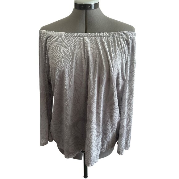 New Directions Womens Petite Gray Off-The-Shoulder Boho Velvet Textured Top PL - Picture 2 of 9